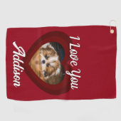 バレンタインハートカスタムの愛犬の写真名オン赤 ゴルフタオル (横)