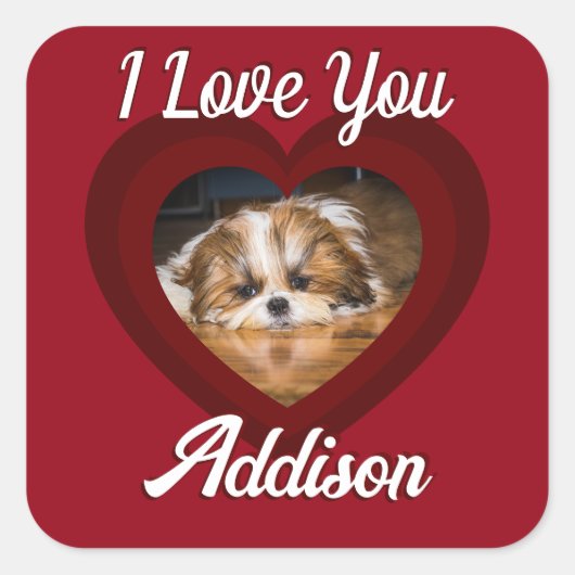 バレンタインハートカスタムの愛犬の写真名オン赤 スクエアシール (正面)