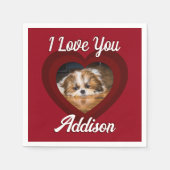 バレンタインハートカスタムの愛犬の写真名オン赤 スタンダードカクテルナプキン (正面)