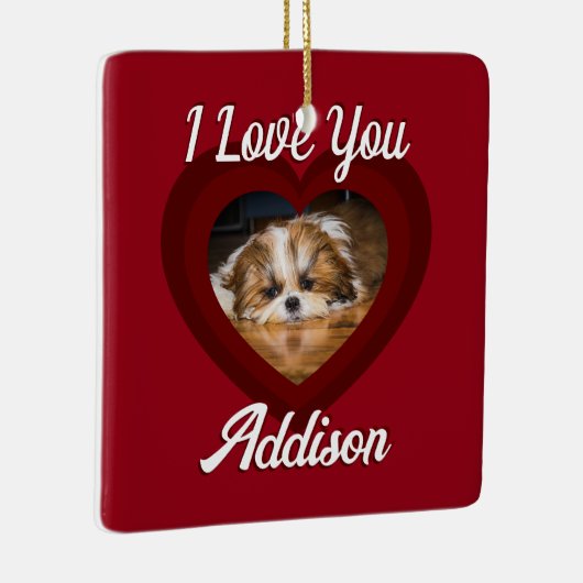 バレンタインハートカスタムの愛犬の写真名オン赤 セラミックオーナメント (右)