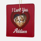 バレンタインハートカスタムの愛犬の写真名オン赤 セラミックオーナメント (左)