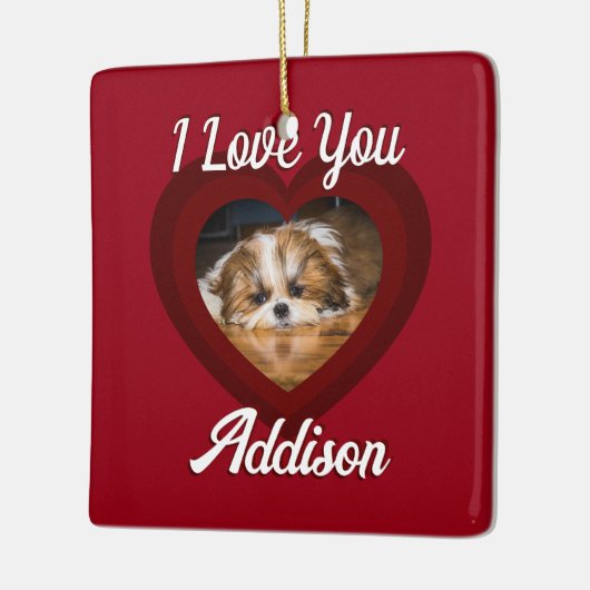 バレンタインハートカスタムの愛犬の写真名オン赤 セラミックオーナメント (左)