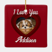 バレンタインハートカスタムの愛犬の写真名オン赤 セラミックオーナメント (裏面)