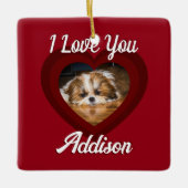 バレンタインハートカスタムの愛犬の写真名オン赤 セラミックオーナメント (正面)