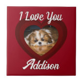 バレンタインハートカスタムの愛犬の写真名オン赤 タイル (正面)