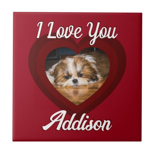 バレンタインハートカスタムの愛犬の写真名オン赤 タイル (正面)