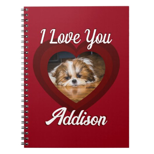 バレンタインハートカスタムの愛犬の写真名オン赤 ノートブック (正面)