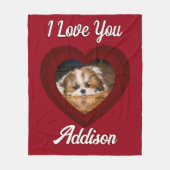バレンタインハートカスタムの愛犬の写真名オン赤 フリースブランケット (正面)