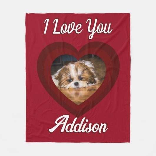 バレンタインハートカスタムの愛犬の写真名オン赤 フリースブランケット (正面)