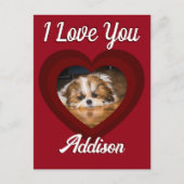 バレンタインハートカスタムの愛犬の写真名オン赤 ポストカード (正面)