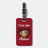 バレンタインハートカスタムの愛犬の写真名オン赤 ラゲッジタグ (正面縦)