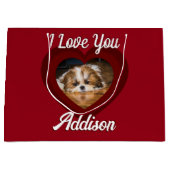 バレンタインハートカスタムの愛犬の写真名オン赤 ラージペーパーバッグ (正面)