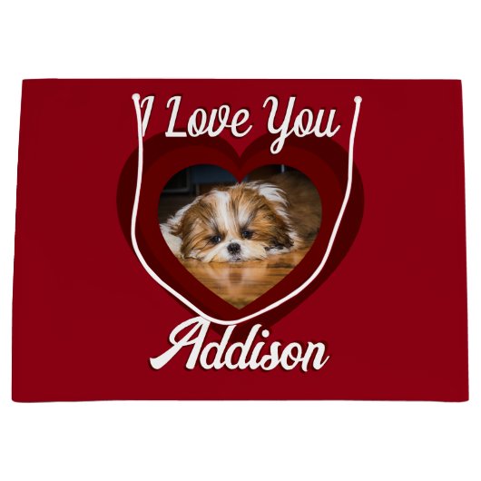 バレンタインハートカスタムの愛犬の写真名オン赤 ラージペーパーバッグ (正面)