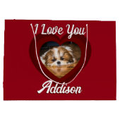 バレンタインハートカスタムの愛犬の写真名オン赤 ラージペーパーバッグ (裏面)