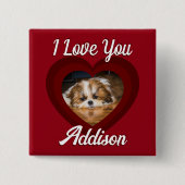 バレンタインハートカスタムの愛犬の写真名オン赤 缶バッジ (正面)