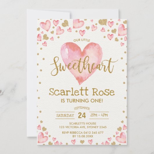 バレンタインハートズスウィートアート1st誕生日招待状 招待状 (正面)