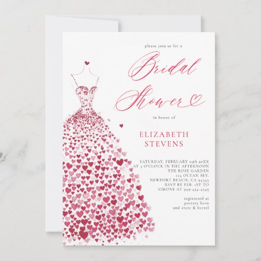 バレンタインハートドレエレガントスシックブライダルシャワー 招待状 (正面)