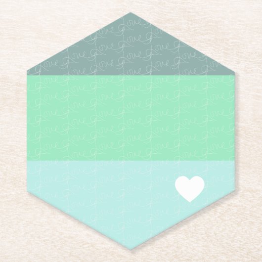 バレンタインハートハンドドロッドラブブルーグリーン ペーパーコースター (正面)