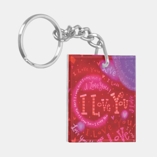 バレンタインハートピンクレッド私はあなたを愛するタイポグラフィ キーホルダー (正面左)