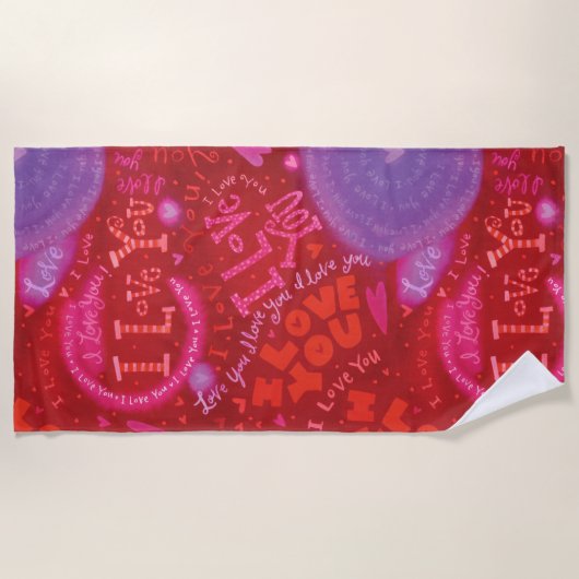 バレンタインハートピンクレッド私はあなたを愛するタイポグラフィ ビーチタオル (正面)