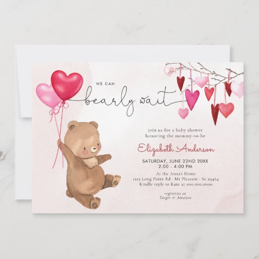 バレンタインハートベアーバルーンピンクガールベビーシャワー 招待状 (正面)