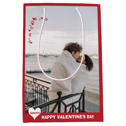 バレンタインハート私はあなたを愛するタイポグラフィ赤M ミディアムペーパーバッグ (正面)