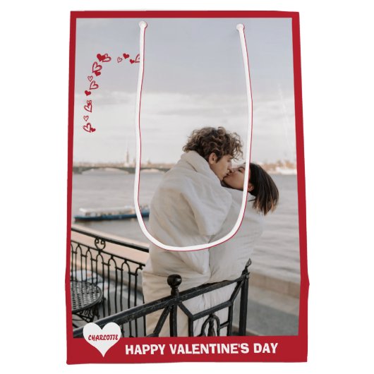 バレンタインハート私はあなたを愛するタイポグラフィ赤M ミディアムペーパーバッグ (裏面)