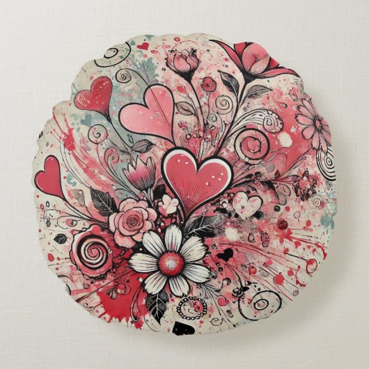 バレンタインハート/デイジー/（ばちゃばちゃ）跳ねるアート ラウンドクッション (正面)