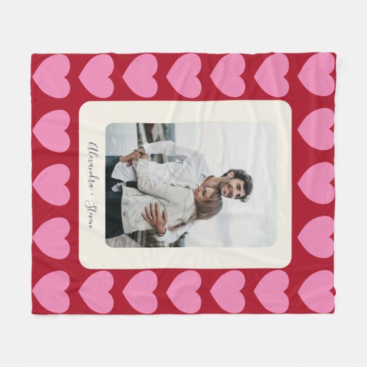 バレンタインハート |ピンクと赤の写パーソナライズされた真 フリースブランケット (正面(横))