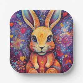 バレンタインバニーフラワーズハート紫 ペーパープレート