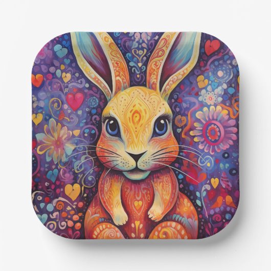 バレンタインバニーフラワーズハート紫 ペーパープレート (正面)