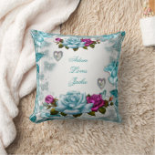 バレンタインバラホワイトブルーティール（緑がかった色）ピンクフローラ クッション (ブランケット)