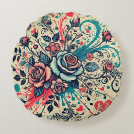 バレンタインバラ/ピンク&ティール（緑がかった色）/（ばちゃばちゃ）跳ねるアート ラウンドクッション