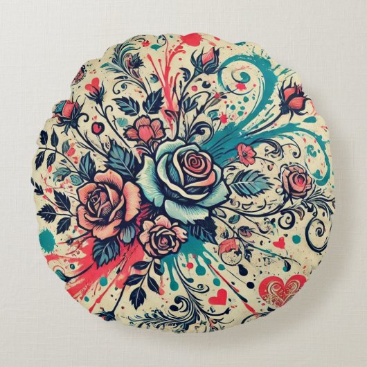 バレンタインバラ/ピンク&ティール（緑がかった色）/（ばちゃばちゃ）跳ねるアート ラウンドクッション (正面)