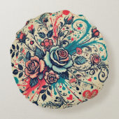 バレンタインバラ/ピンク&ティール（緑がかった色）/（ばちゃばちゃ）跳ねるアート ラウンドクッション (裏面)