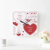 バレンタインパターンの壁時計 – 赤（白） スクエア壁時計 (ホーム)