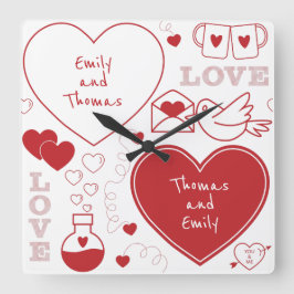 バレンタインパターンの壁時計 – 赤（白） スクエア壁時計