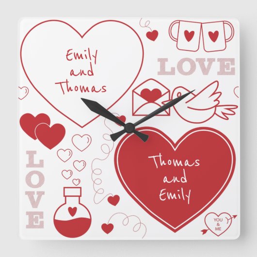 バレンタインパターンの壁時計 – 赤（白） スクエア壁時計 (正面)