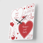 バレンタインパターンの壁時計 – 赤（白） スクエア壁時計 (傾斜)