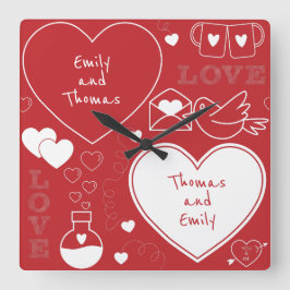 バレンタインパターン柱時計-赤の白 スクエア壁時計