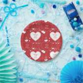 バレンタインパターン紙プレート – 白オンレッド |2| ペーパープレート (パーティー)