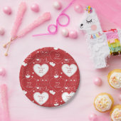 バレンタインパターン紙プレート – 白オンレッド |2| ペーパープレート (パーティー)