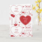 バレンタインパターン グリーティングカード - 白地に赤 (黄色い花)