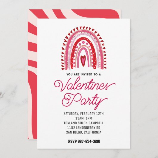 バレンタインパーティの招待状ピンクと赤 招待状 (正面/裏面)