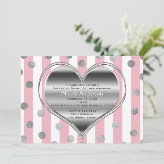 バレンタインパーティーシルバーハートピンク&ホワイトストライプズ 招待状 (スタンド正面)