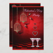 バレンタインパーティーバーズケージ、ハート&ピンクマルティーニ 招待状 (正面/裏面)