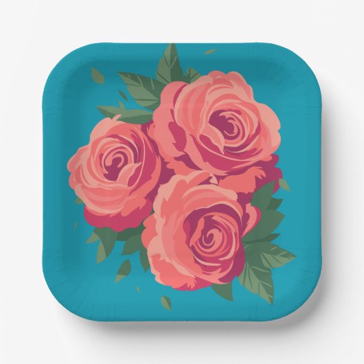 バレンタインパーティーピンクのバラが暗いティール（緑がかった色） ペーパープレート (正面)