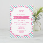 バレンタインパーティーピンクティール（緑がかった色）フレストライプのームパーティー 招待状 (スタンド正面)