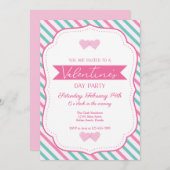 バレンタインパーティーピンクティール（緑がかった色）フレストライプのームパーティー 招待状 (正面/裏面)