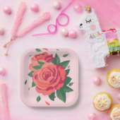 バレンタインパーティーピンク色のバラのプレートピンク色の背景 ペーパープレート (パーティー)